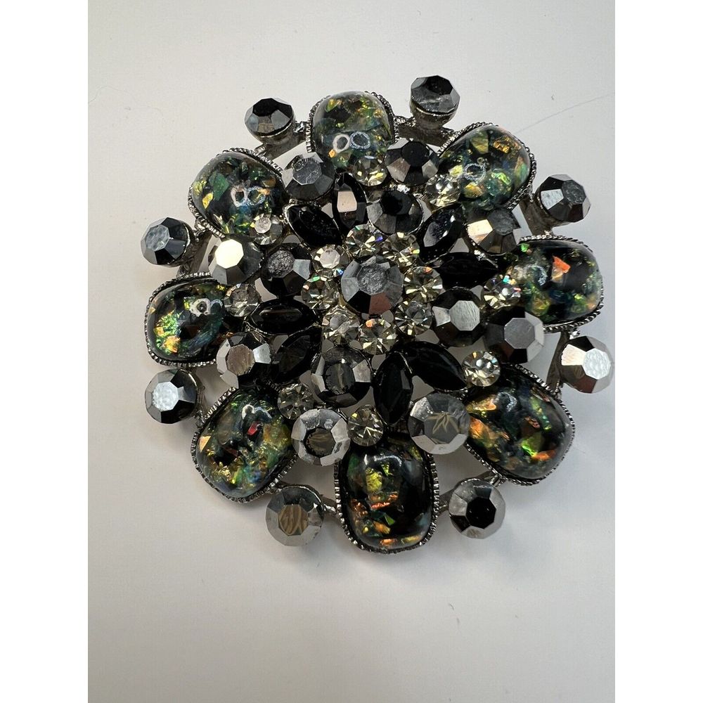 Vintage Signed Cara Brooch Green Black Crystal Pin